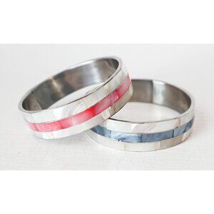 2 Vintage Silver Tone Bracelet With Mother Of Pearl Inlay